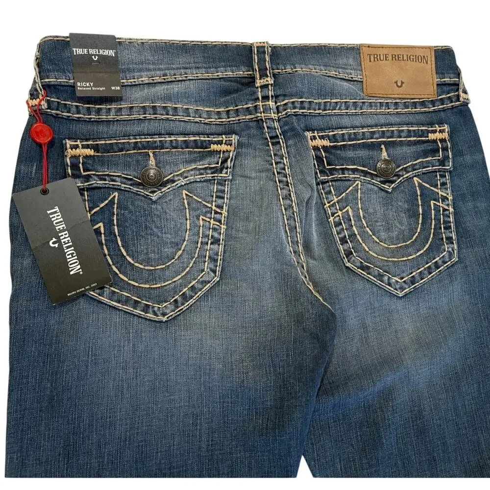 NWT True Religion Ricky straight leg jeans w/ Union Jack Embroidery  Size 38